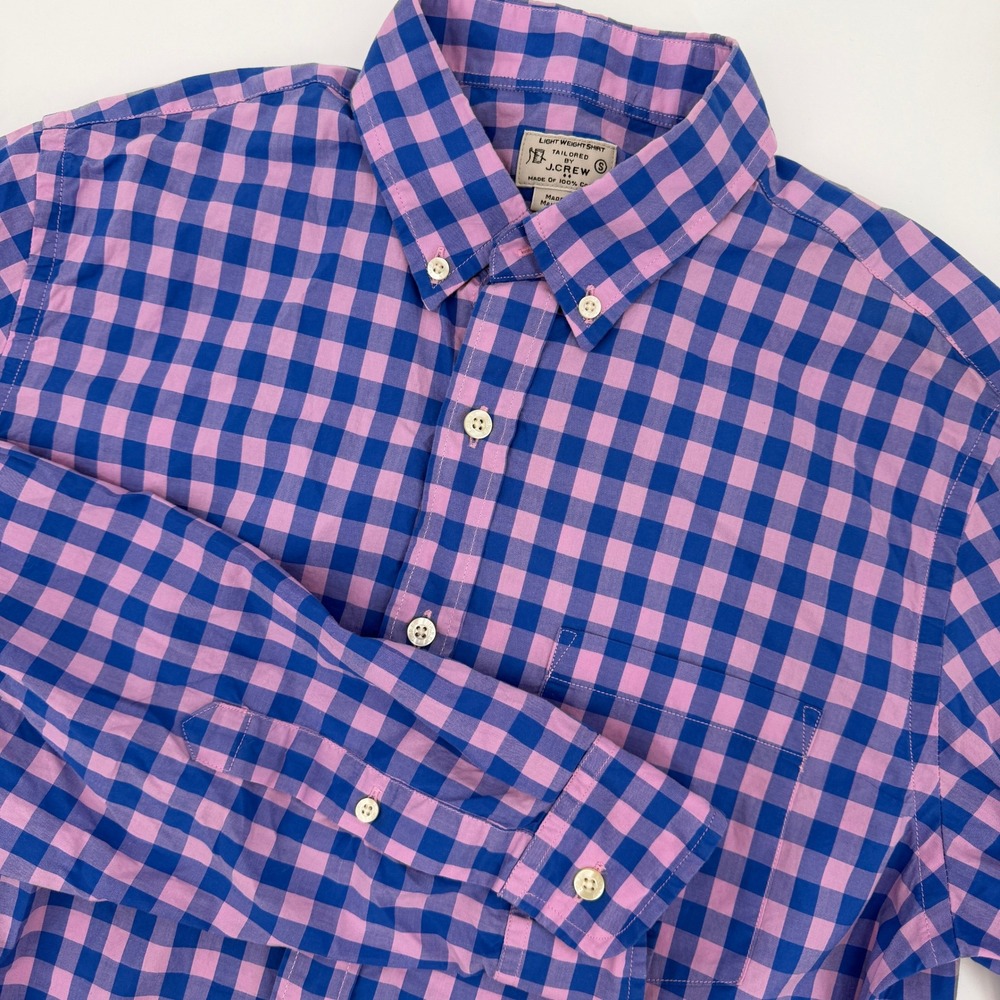 J Crew Men Tailored Lightweight Cotton Gingham Button Down Shirt Pink Blue Small